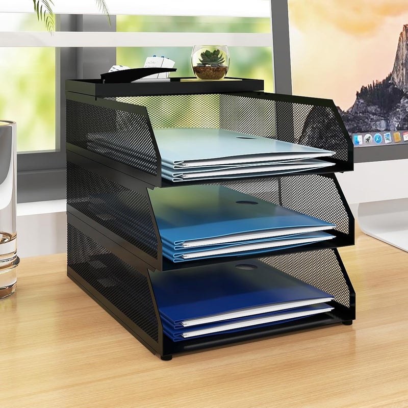 Natwind 3-Tier Desk Organizer,Desk Accessories, Stackable Paper Tray, Metal Mesh Desktop Organizer, Paper Sorter, Letter Trays,File Document Storage Rack for for Home, Office, School (Black) - Image 1